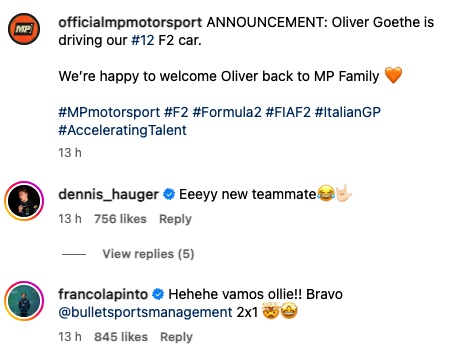 Franco Colapinto congratulates Oliver Goethe on his Formula 2 promotion