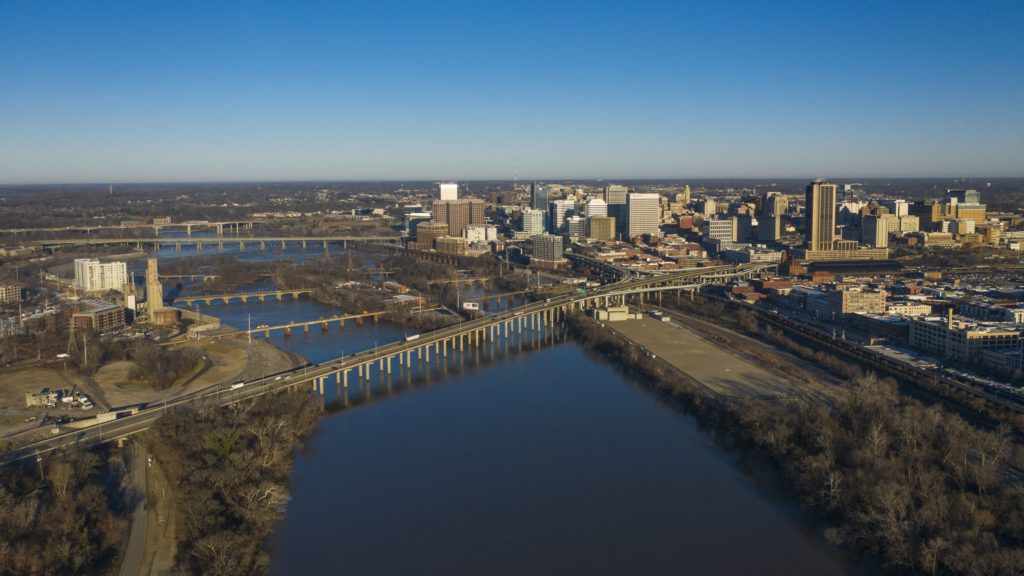 Sunset view of historic southern Richmond on James River, Virginia