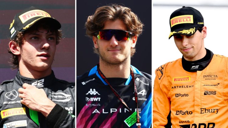 Mercedes junior driver Andrea Kimi Antonelli celebrates on the Formula 2 podium after the Feature race in Baku, Azerbaijan. Alpine 2025 Formula 1 d...