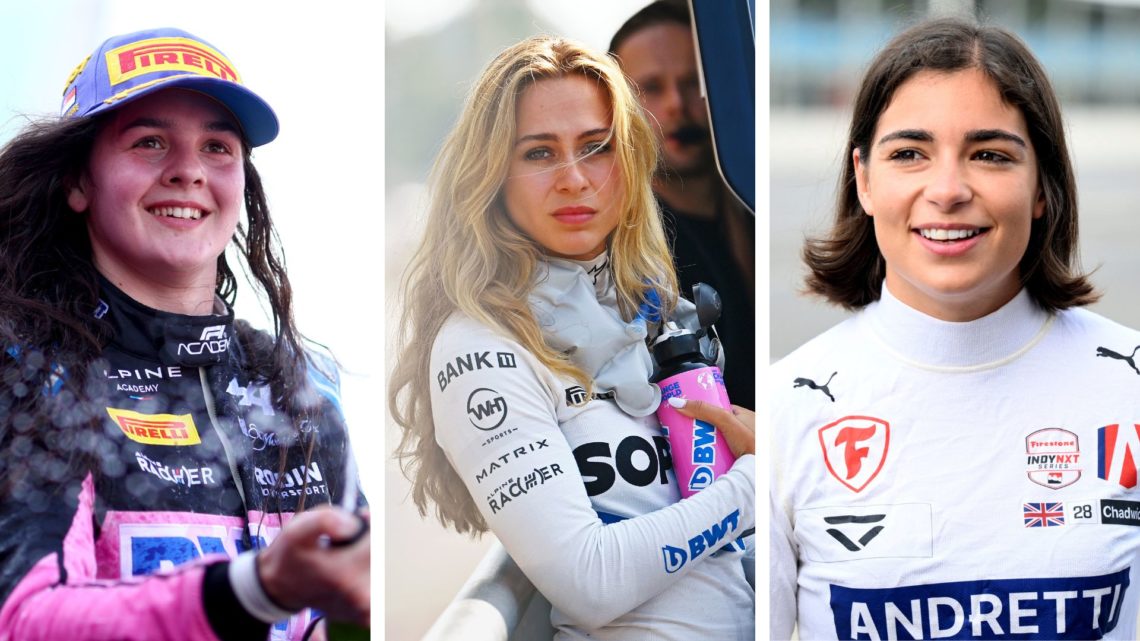 Rodin Motorsport driver Abbi Pulling celebrates on the F1 Academy podium at the 2024 Formula 1 Singapore Grand Prix. Van Florsch of Germany and Van...