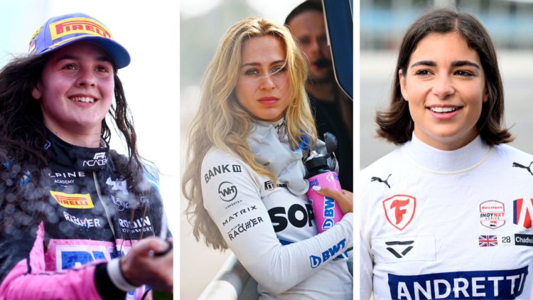 Rodin Motorsport driver Abbi Pulling celebrates on the F1 Academy podium at the 2024 Formula 1 Singapore Grand Prix. Van Florsch of Germany and Van...