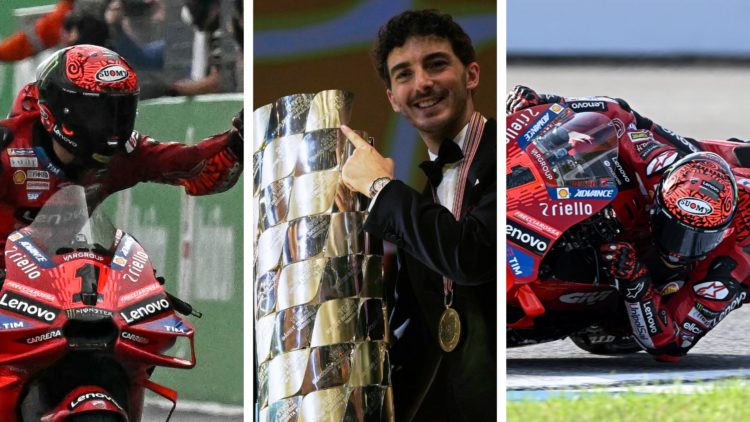 Ducati Corse rider Francesco Bagnaia celebrates winning the 2024 Grand Prix of Thailand (left), celebrates winning the 2022 MotoGP riders' title (c...