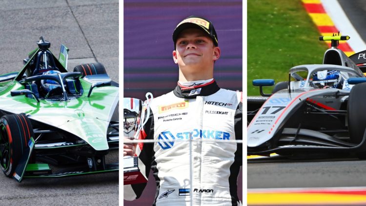 Envision Racing driver Paul Aron during practice for the 2024 Formula E Berlin ePrix, Hitech Grand Prix driver Paul Aron celebrates on the podium a...