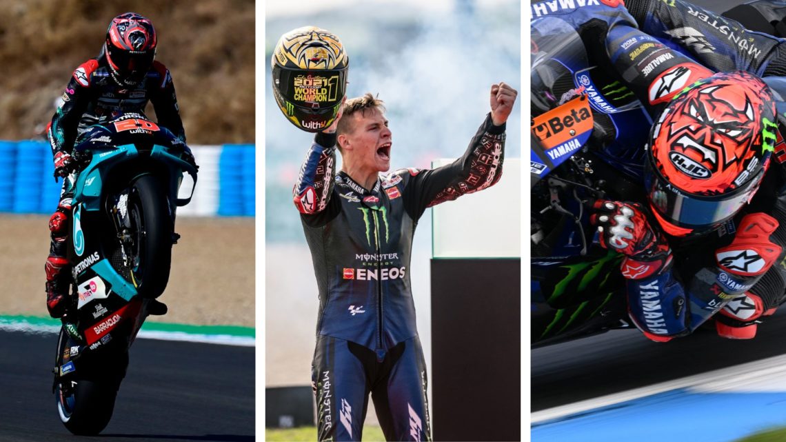 Petronas Yamaha SRT rider Fabio Quartararo (left) celebrates winning his first MotoGP race at the 2020 Grand Prix of Spain. Yamaha rider Fabio Quar...