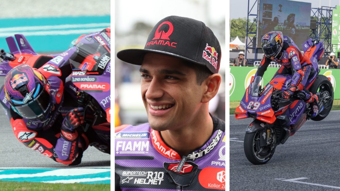 Pramac rider Jorge Martin rolls through a corner in practice for the 2024 MotoGP Grand Prix of Malaysia (left), smiles during a rain delay at the 2...
