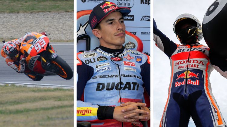 MotoGP legend Marc Marquez riding for Honda in the 2013 Czech Republic Grand Prix (left), sitting in his pit box for Gresini at the 2024 Grand prix...