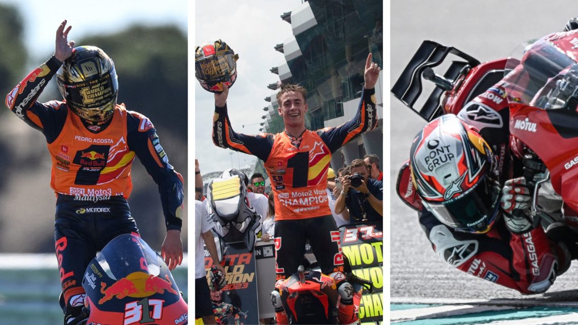 Spanish motorcycle racer Pedro Acosta celebrates winning the 2021 Moto3 world championship (left), celebrates winning the 2023 Moto2 world champion...