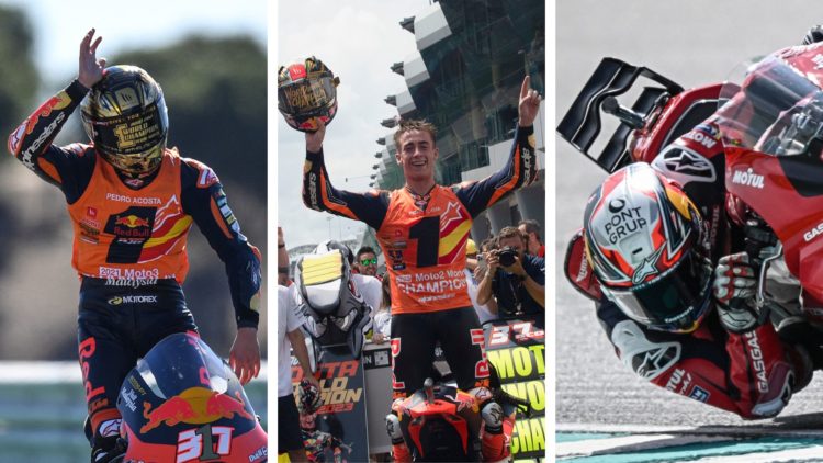 Spanish motorcycle racer Pedro Acosta celebrates winning the 2021 Moto3 world championship (left), celebrates winning the 2023 Moto2 world champion...