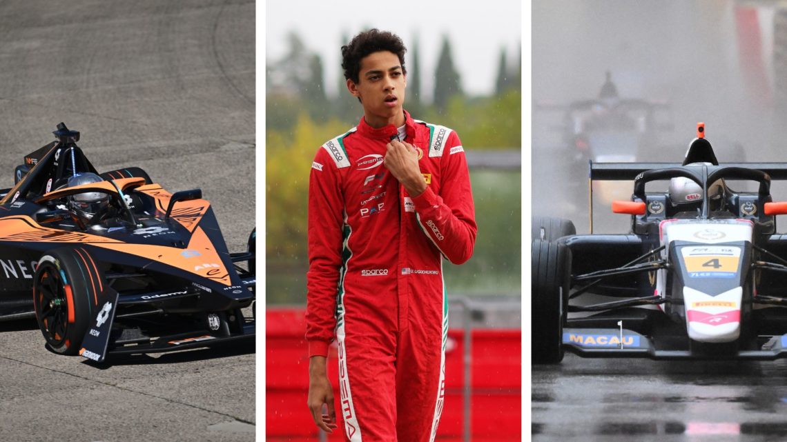 McLaren academy driver Ugo Ugochukwu (left) driving in the 2024 Formula E Rookie Test in Berlin. Roding Carlin driver Ugo Ugochukwu (centre) walks ...